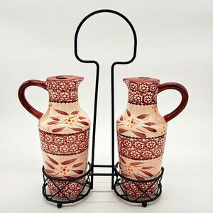 Old World Red Floral Oil & Vinegar Ceramic Jars With Black Metal Holder Set